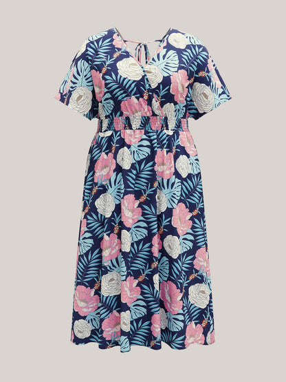 Tropical Print Back-Tie Shirred Midi Dress