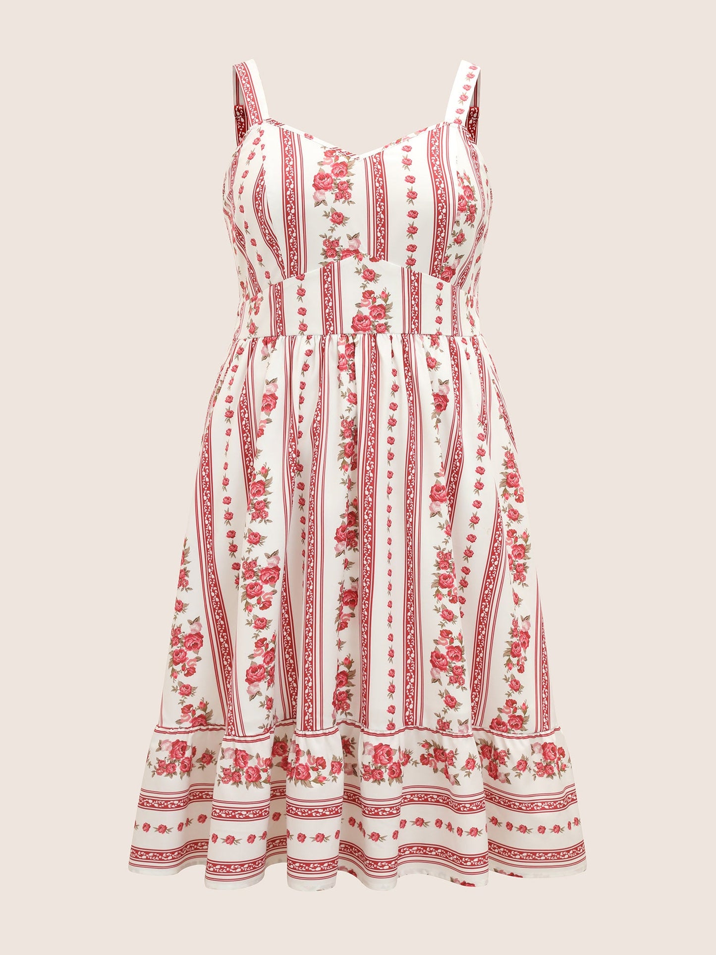 Heart Neckline Boho Print Shirred Cami Midi Dress