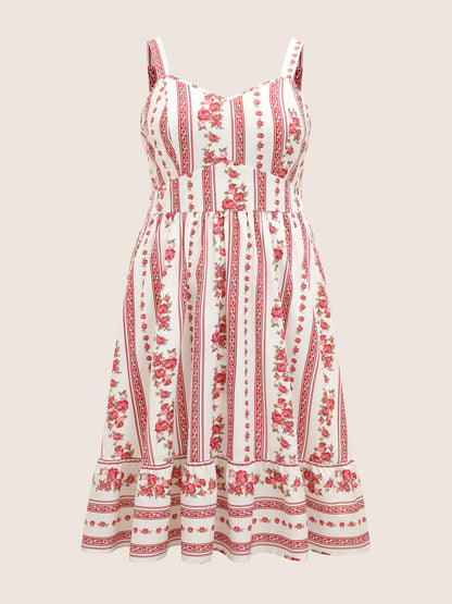 Heart Neckline Boho Print Shirred Cami Midi Dress