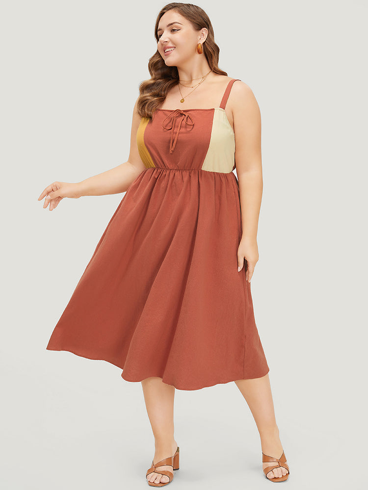 Color Block Contrast Pocket Flutter Hem Knot Cami Dress