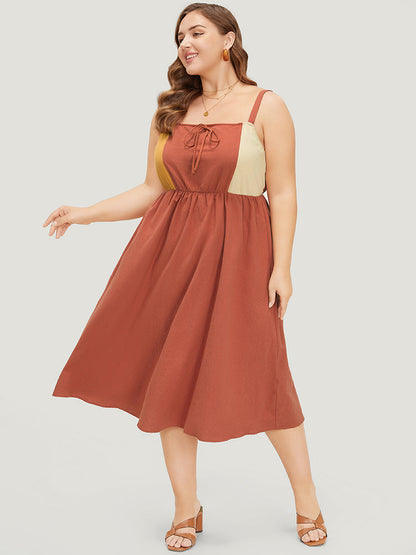 Color Block Contrast Pocket Flutter Hem Knot Cami Dress
