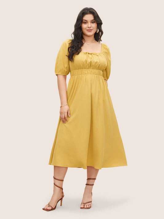 Plain Lantern Sleeve Drawstring Square Neck Dress