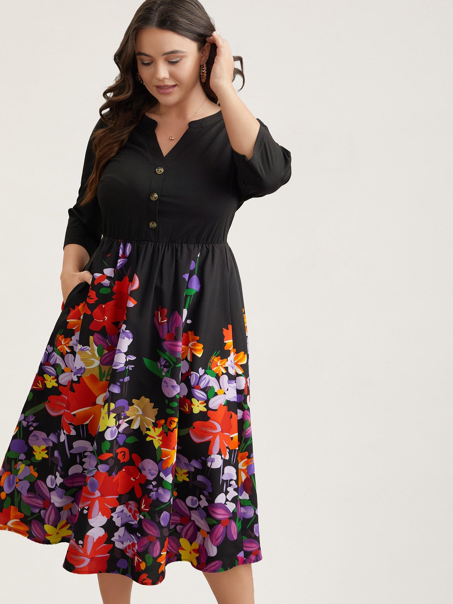 Brush Stroke Flowers Notched Collar Dress