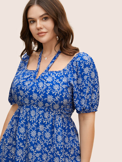 Bandana Print Notched Collar Lantern Sleeve Blouse