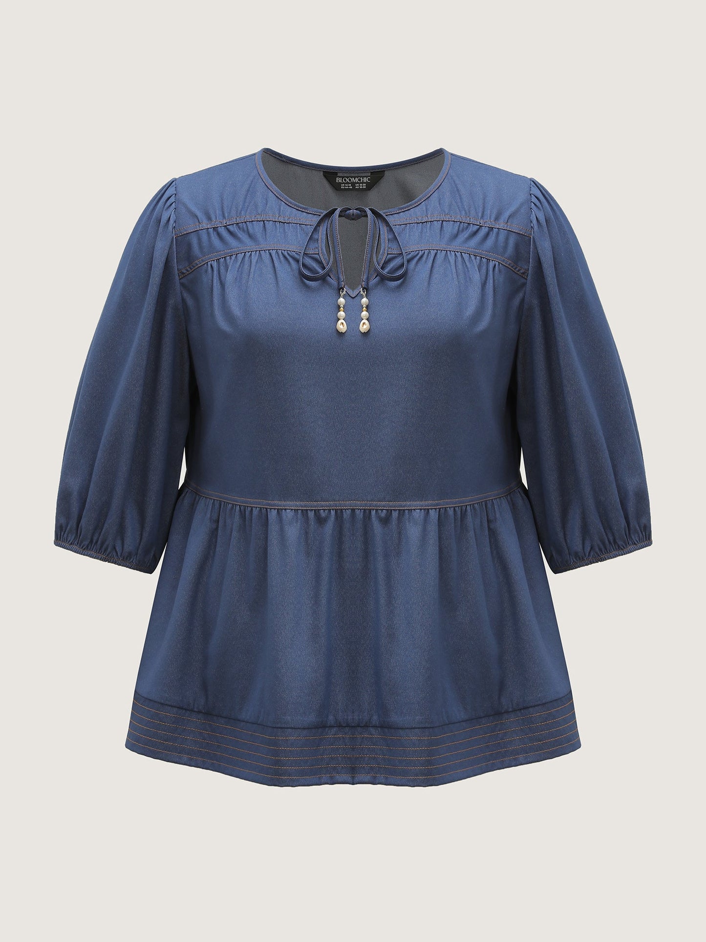 Relaxed-Fit Denim-Style Neck Tie Blouse