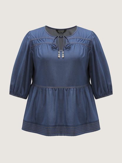 Relaxed-Fit Denim-Style Neck Tie Blouse