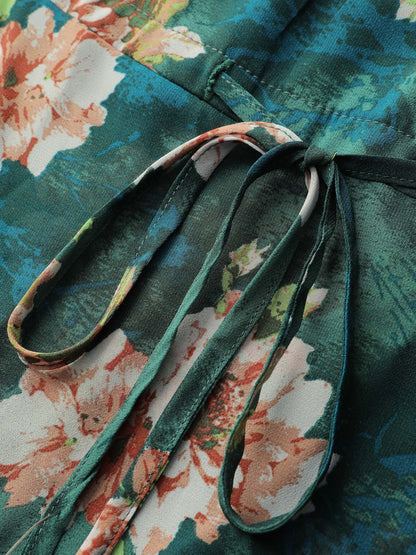 Sheer Floral Print Tie Flared Blouse