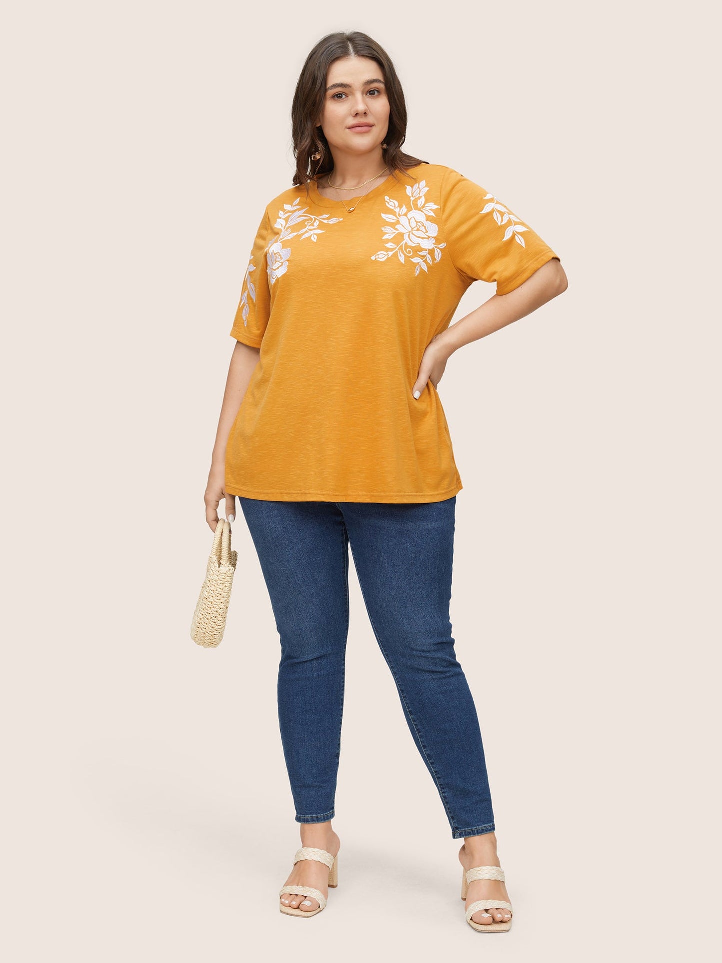 Floral Embroidered Contrast Round Neck T-shirt