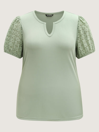 Eyelet Trim Solid Puffy Sleeve Knit Top