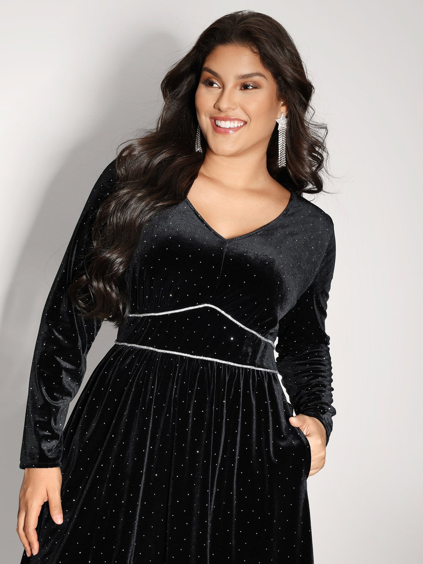 Velvet Rhinestone Cinched-Waist Pockets Midi Dress