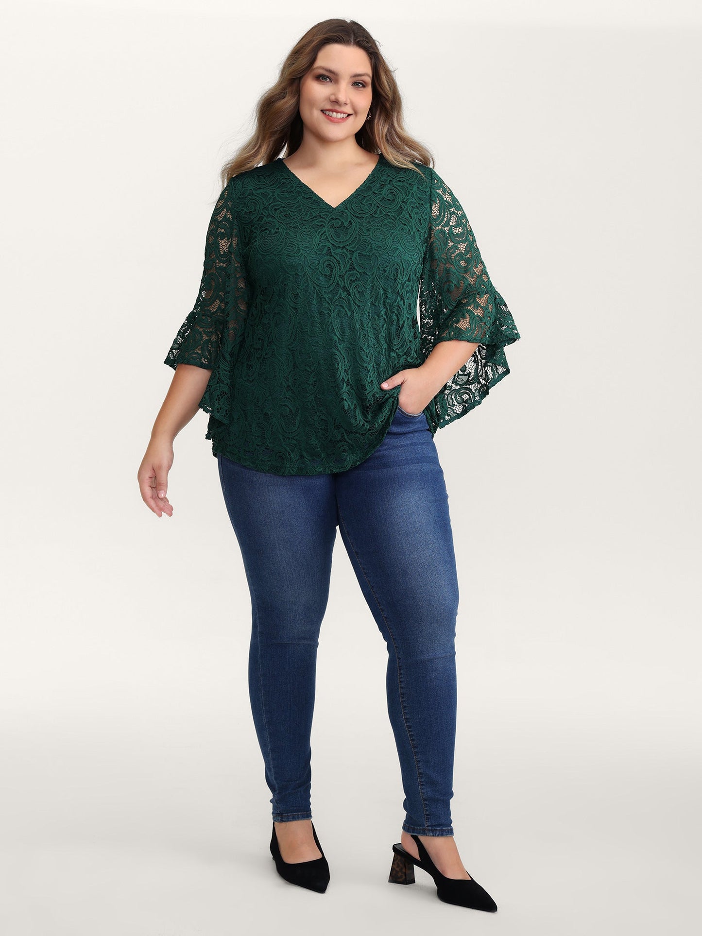 Lace Sheer Flared Sleeve V-Neck Blouse