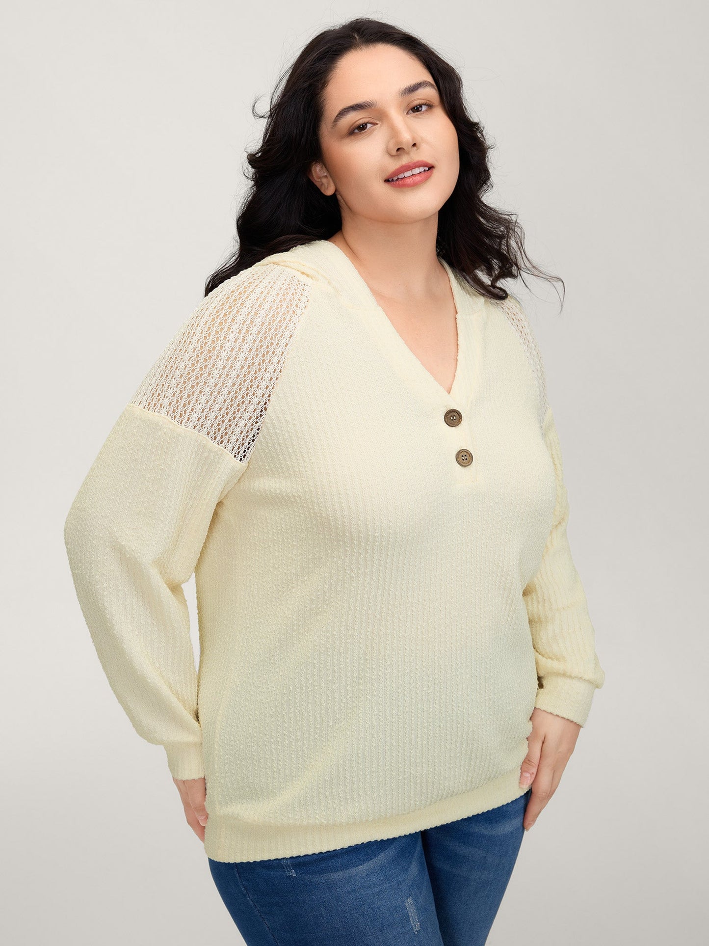 Textured Spliced Button Detail Hoodie