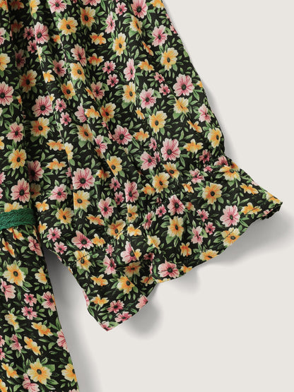 Dense Floral Print Stretchy Waist Maxi Dress