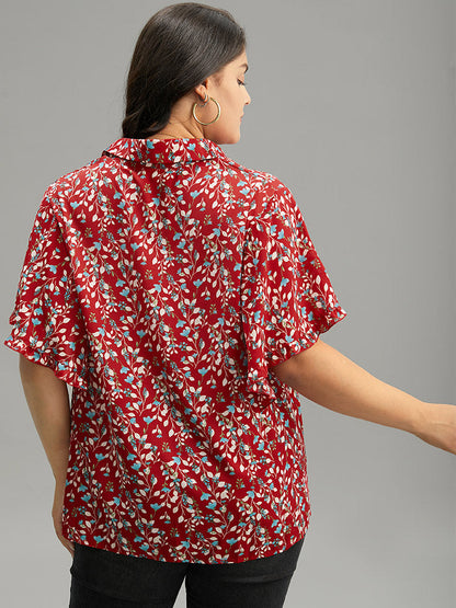 Ditsy Floral Shirt Collar Button Through Ruffle Sleeve Blouse
