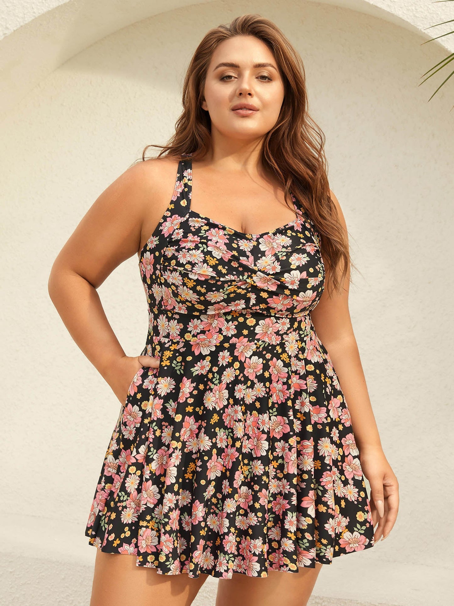 Twist Front Floral Print Pockets Swim Dress
