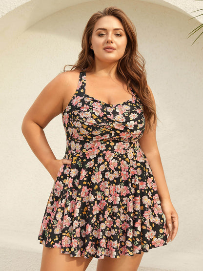 Twist Front Floral Print Pockets Swim Dress