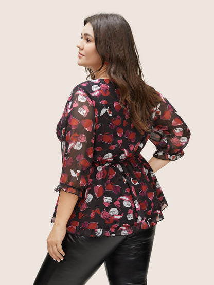 Floral Mesh Patchwork Ruffle Trim Blouse