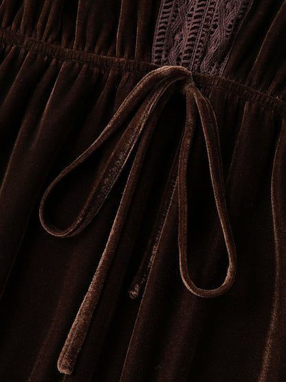 Velvet Lace Trim Waist-Tie Maxi Dress