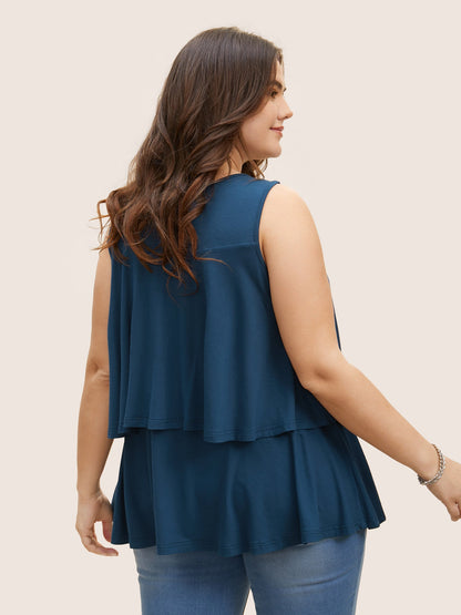Plain Round Neck Tiered Ruffles Tank Top