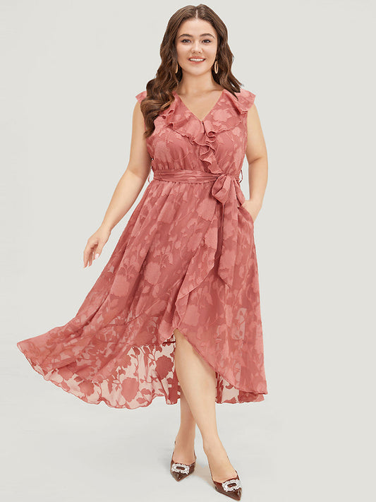 Floral Print Ruffle Trim Wrap Belted  Asymmetrical Tank Dress