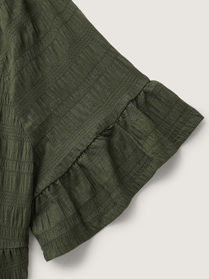 Notched Neck-Tie Crinkle Tiered Blouse
