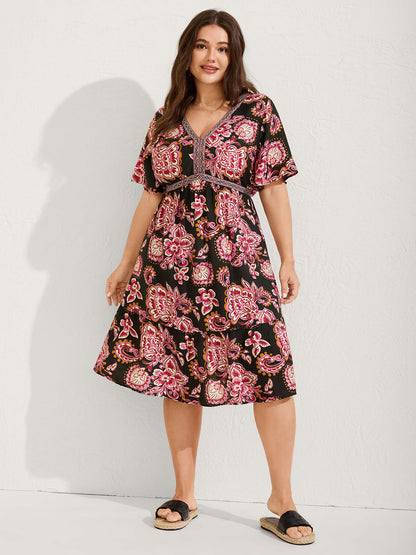 Paisley Print Stretchy Waist Pockets Midi Dress