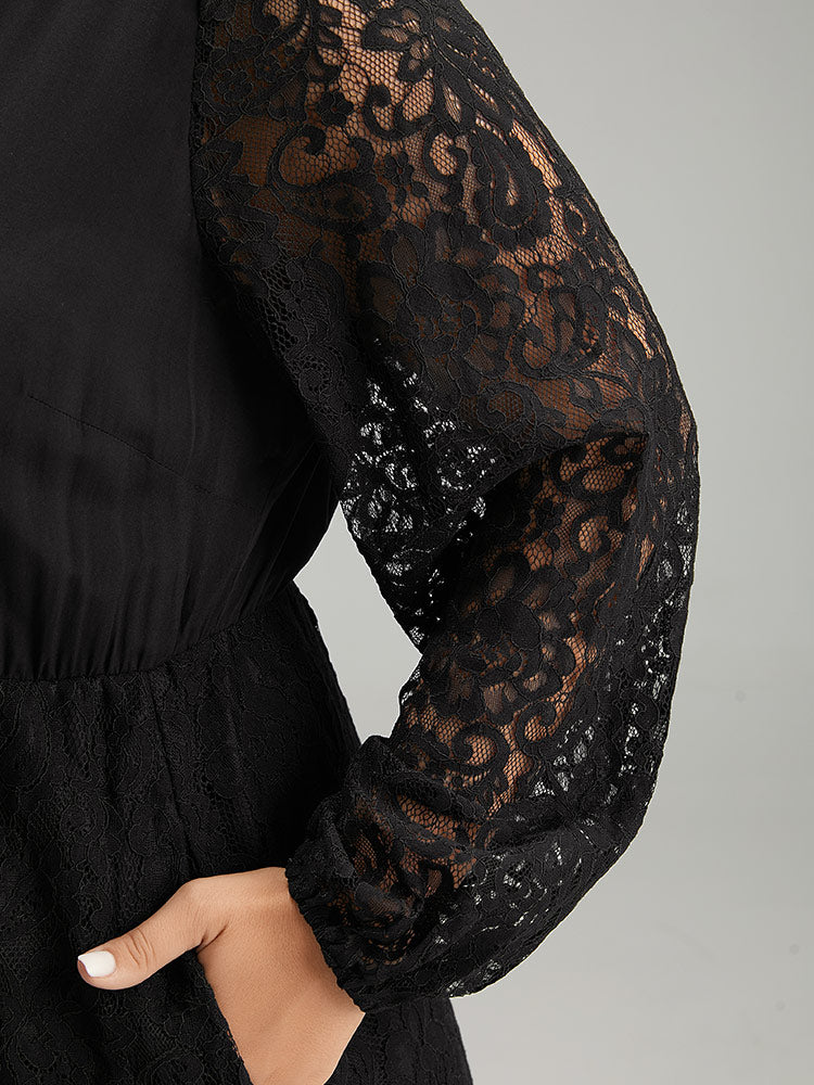 Lace Panel Mesh Flutter Hem Dress