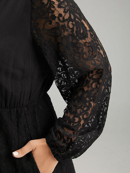 Lace Panel Mesh Flutter Hem Dress