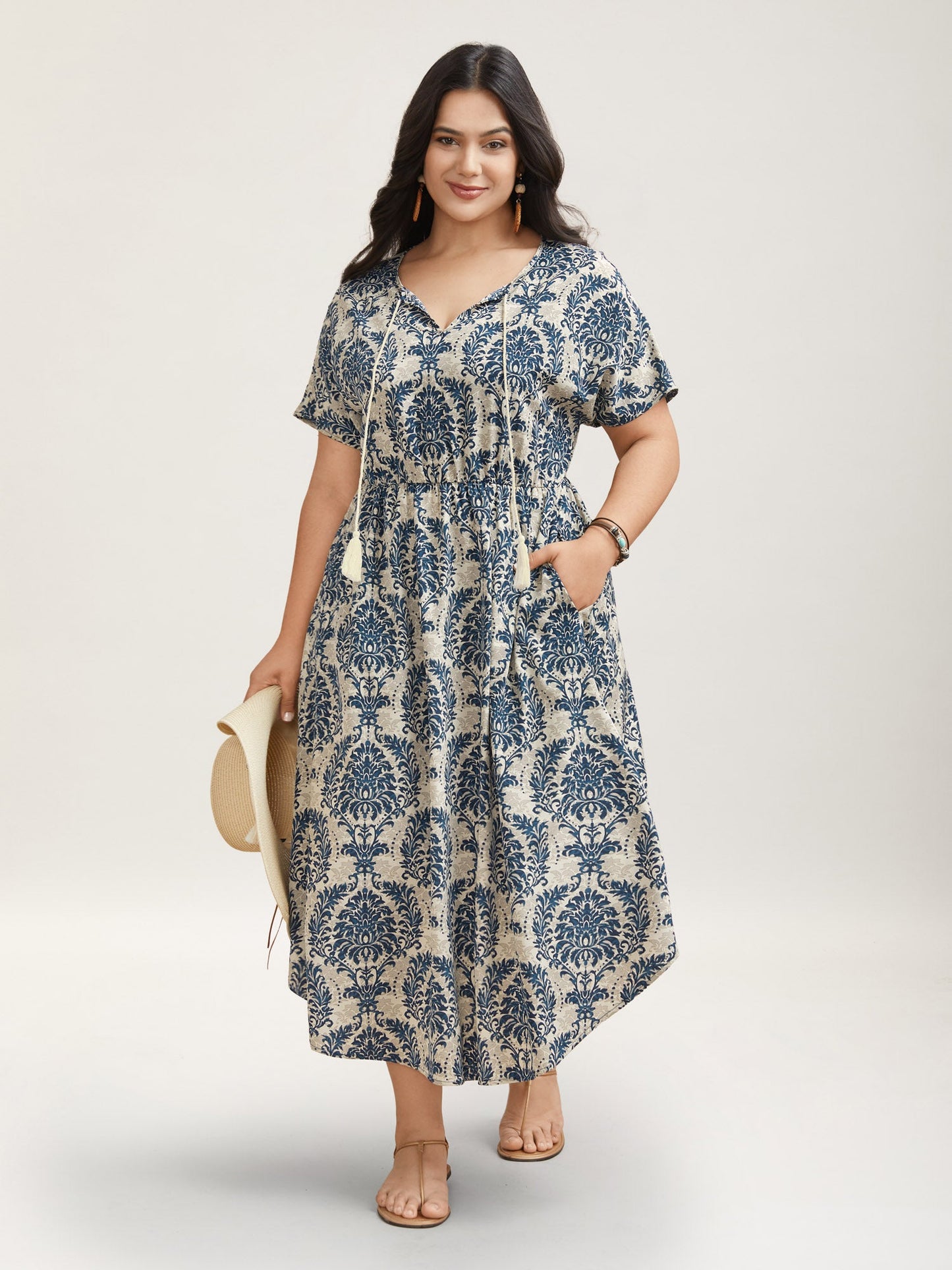 Ornate Print Curvy Hem Tied Maxi Dress
