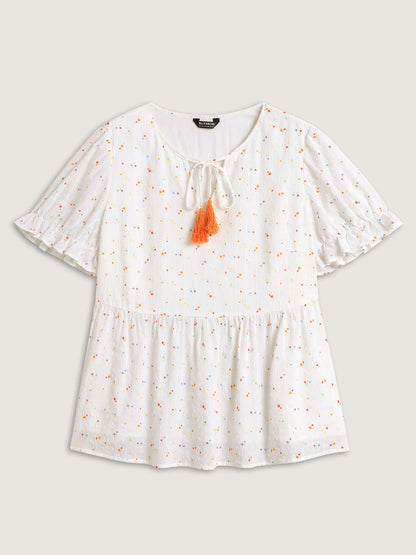 Cotton Colorful Embroidered Tassels Solid Blouse