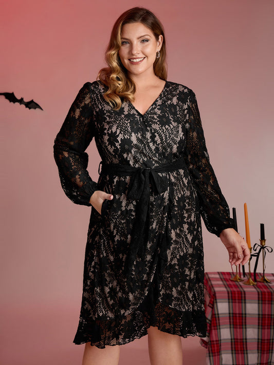Floral Lace Lined Wrap Belted Midi Dress
