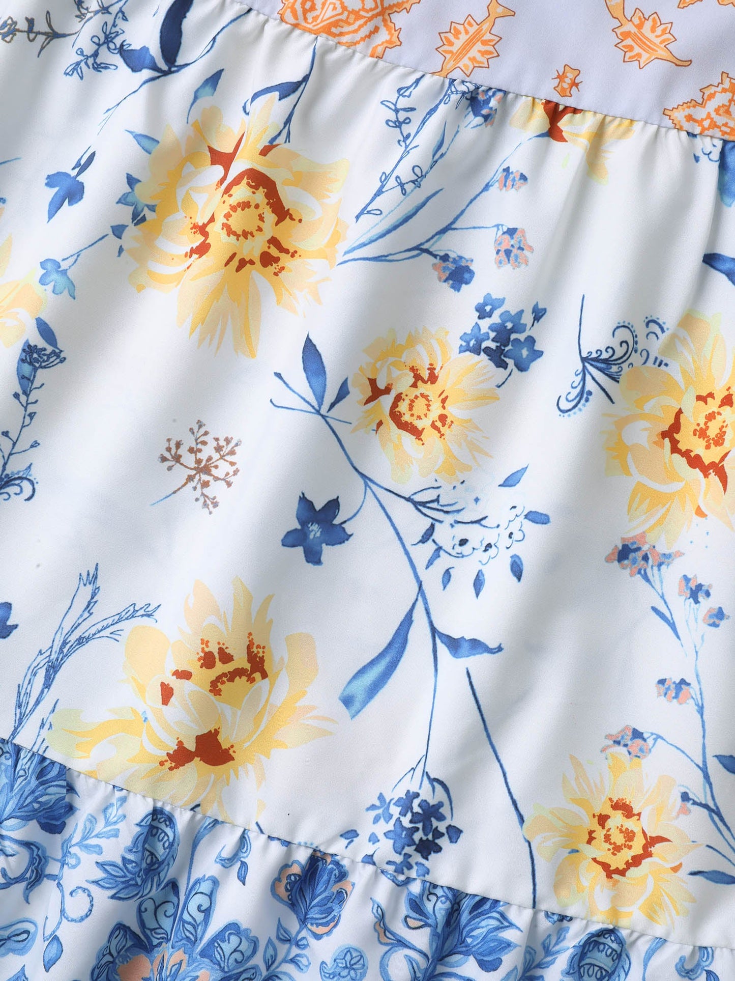 Contrast Print Ruched Tiered Midi Dress