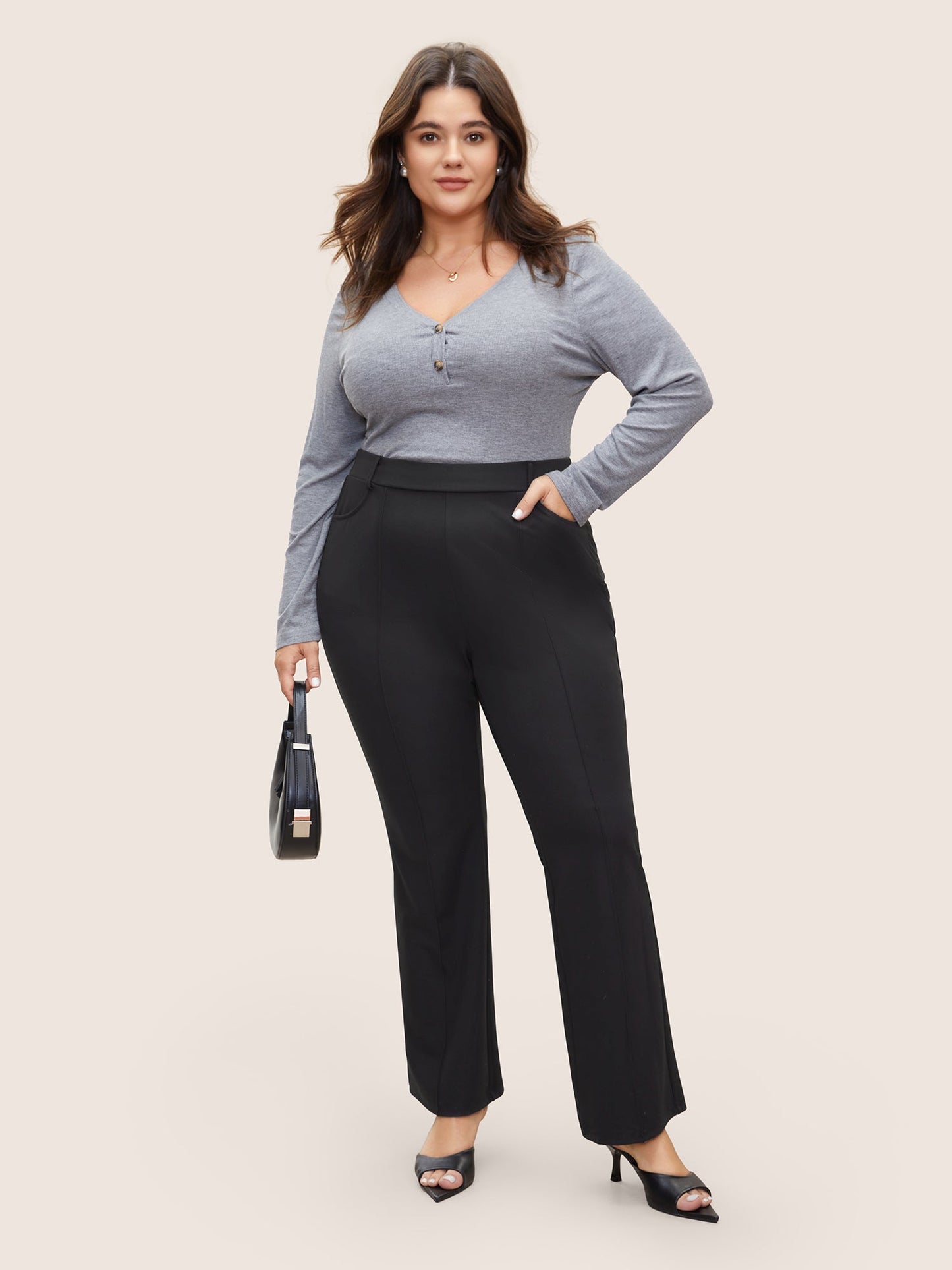Solid High Rise Elastic Waist Flare Leg Pants