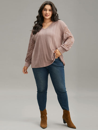 Lace Panel V Neck Lantern Sleeve Sweatshirt