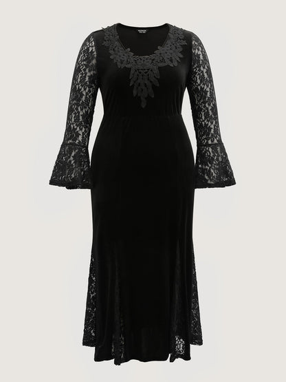 Velvet Lace Sleeve Split Hem Maxi Dress