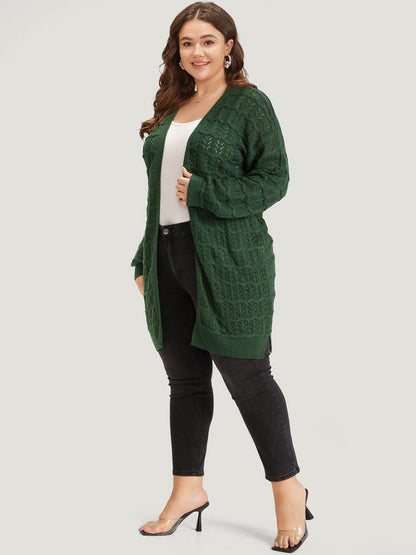 Plain Geometric Eyelet Cable Knit Tunic Cardigan