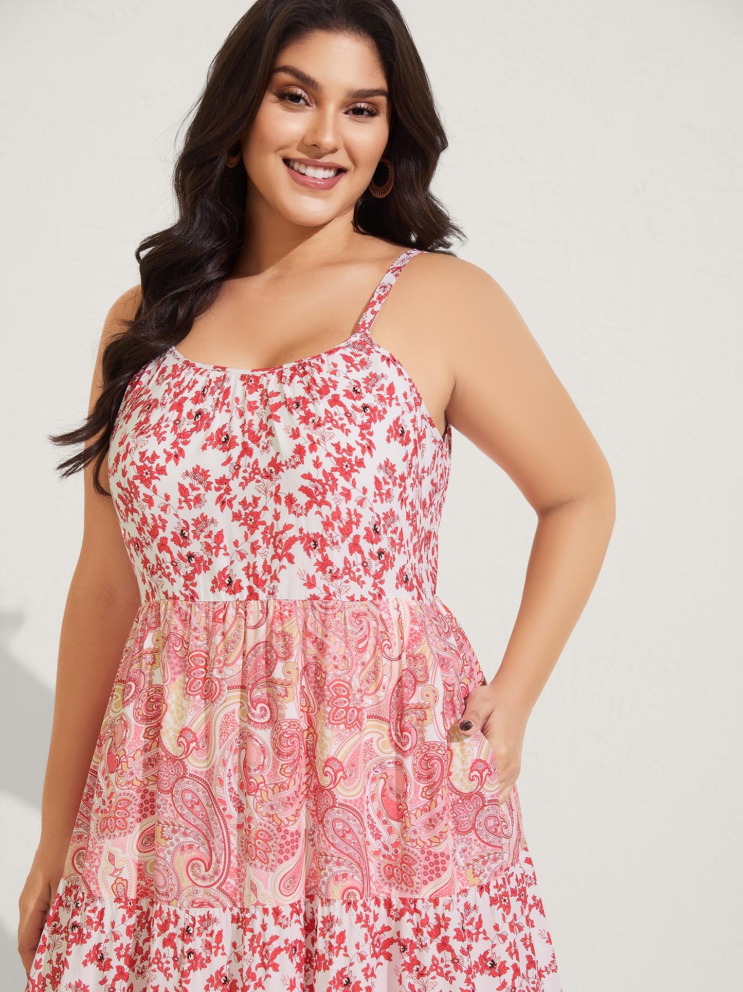 Floral Paisley Print Cami Pockets Midi Dress