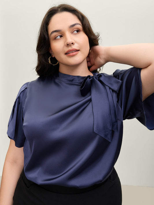 Satin Ribbon Knot Mock Neck Blouse
