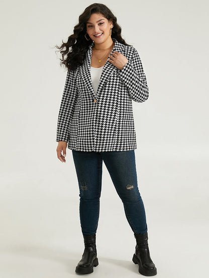 Houndstooth Button Up Suit Collar Blazer