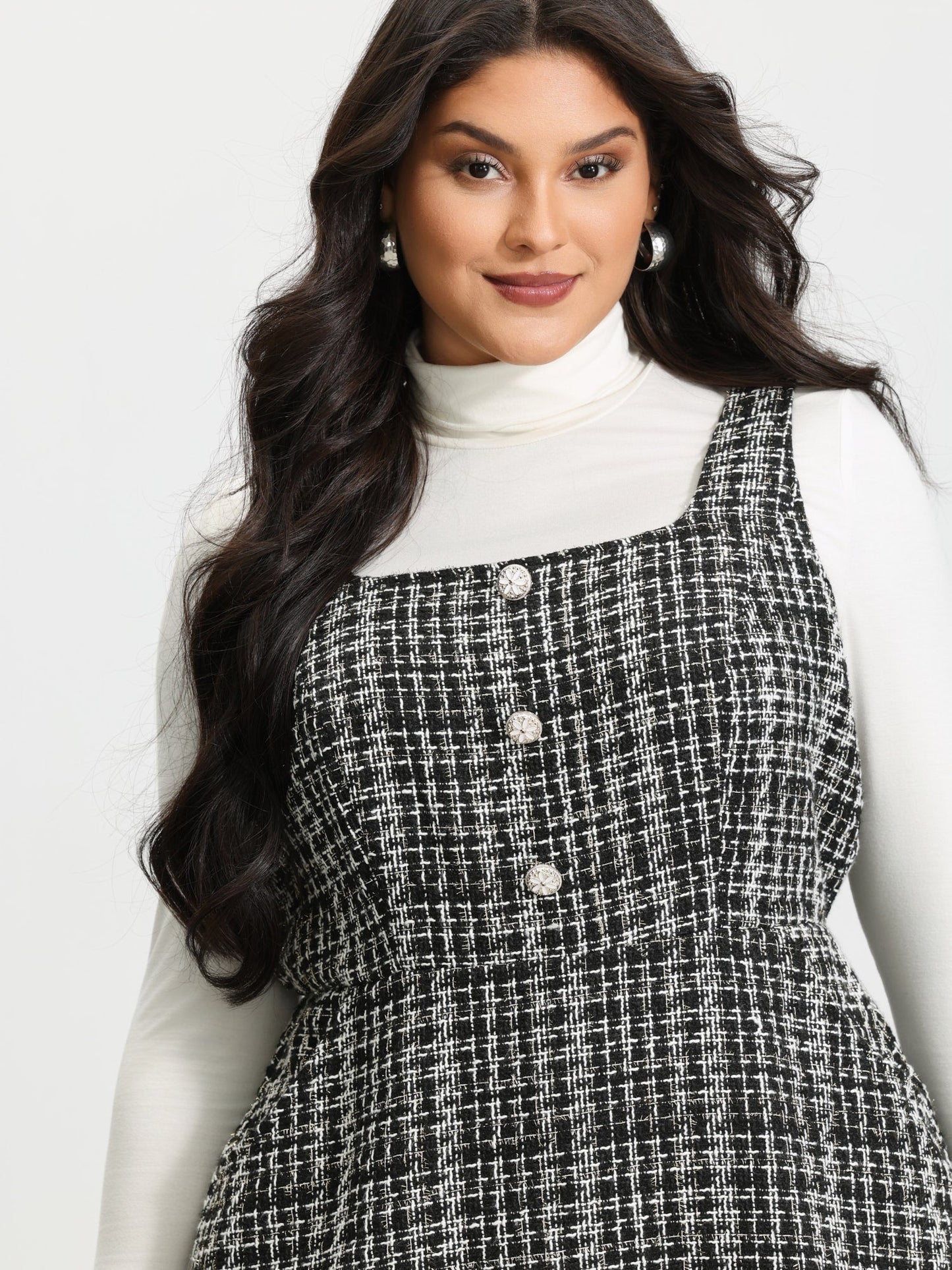 Tweed Woven Pattern Lined Button Midi Dress
