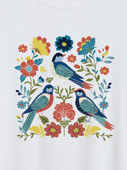 Little Birdie Print Round Neck T-Shirt