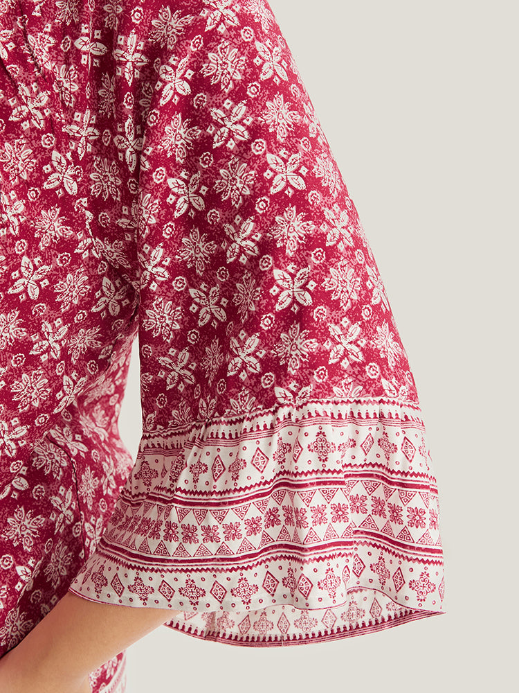 Floral Print Bell Sleeve Knotted Round Neck Blouse