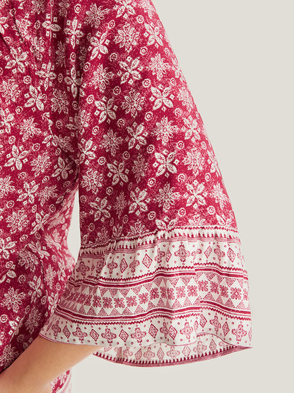 Floral Print Bell Sleeve Knotted Round Neck Blouse
