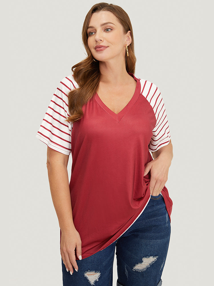 Striped Contrast Raglan Sleeve V Neck T-shirt