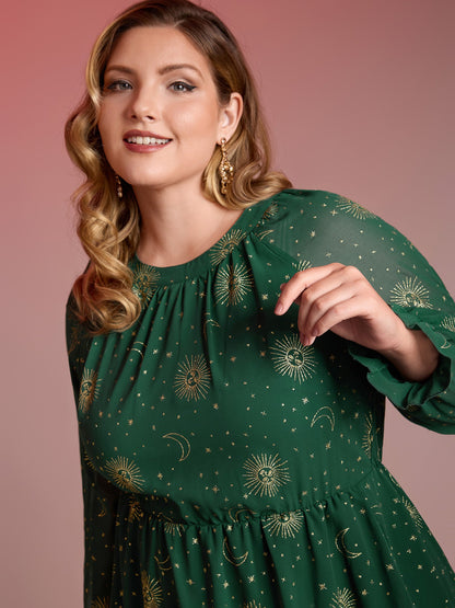 Chiffon Gold Celestial Print Tiered Midi Dress