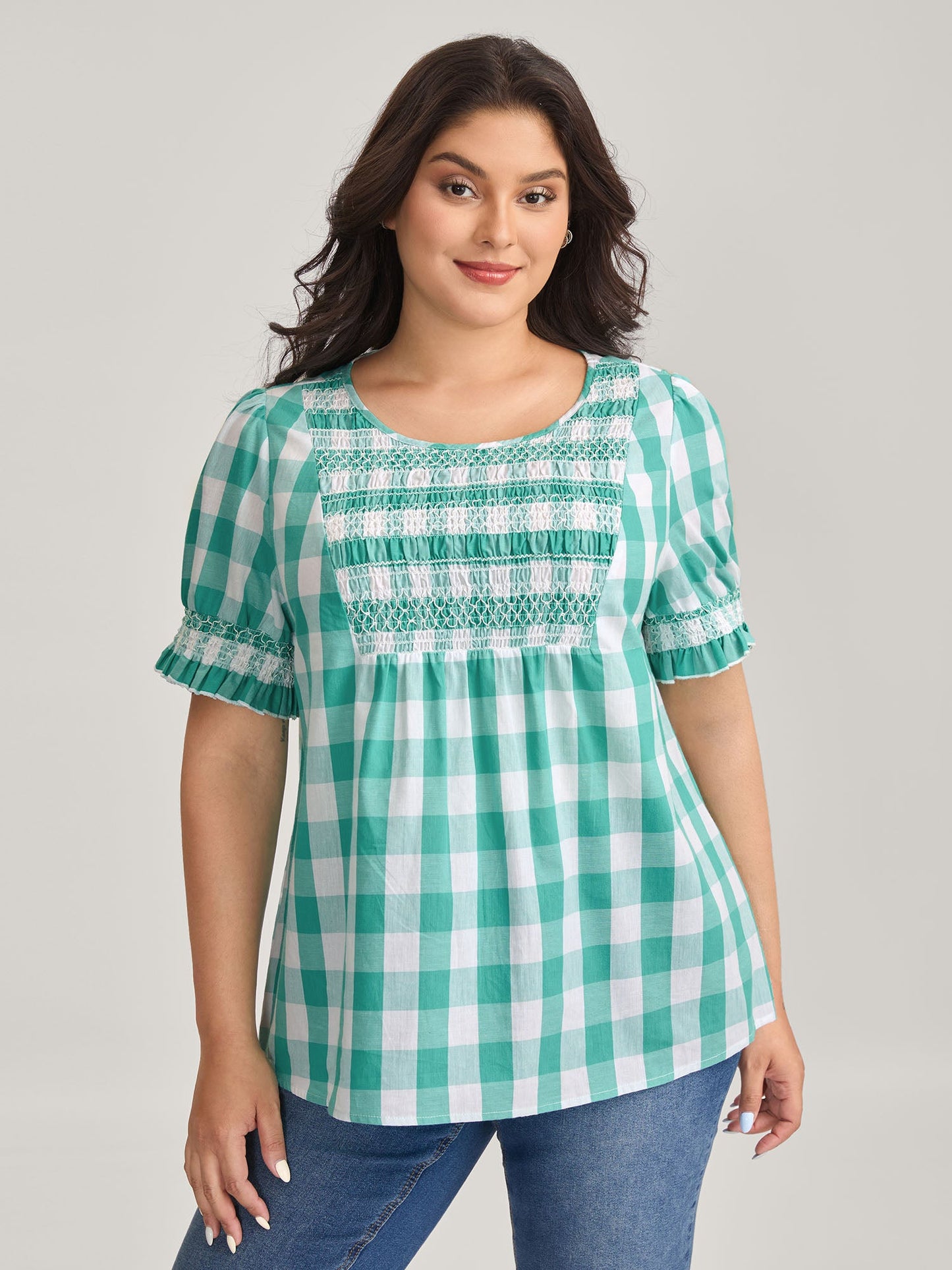 Cotton Plaid Print Shirred Neck Puffy Blouse