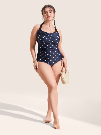 Polka Dot Patchwork Crossover One Piece Swimsuit