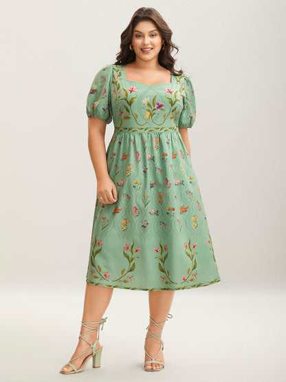 Garden Print Pockets Puff Sleeve Midi Dress