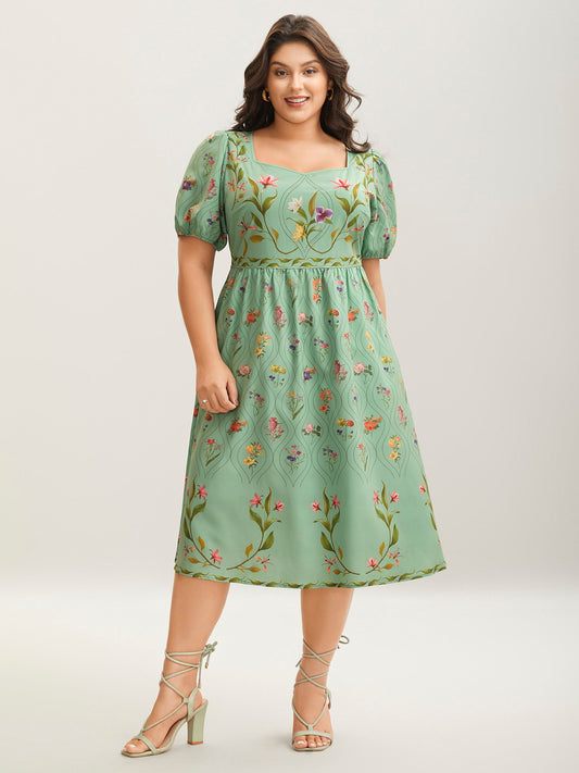 Garden Print Pockets Puff Sleeve Midi Dress