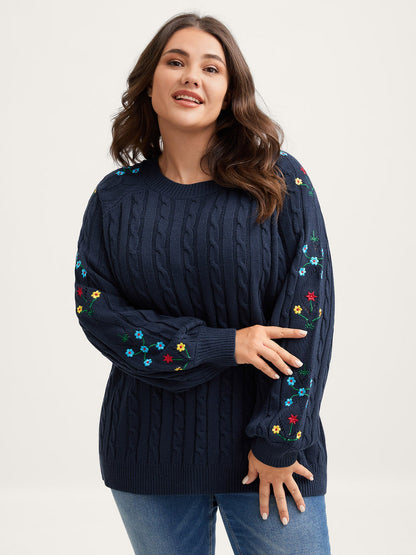 Cable Knit Embroidered Raglan Sleeve Pullover